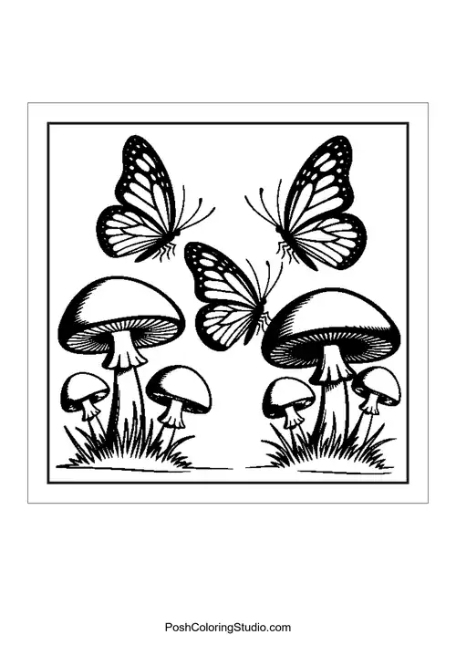 Butterflies flying above mushrooms in a grassy area.