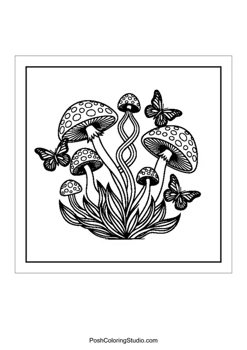 Butterflies and mushrooms in a playful arrangement.