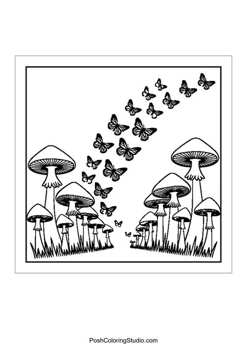 A cluster of mushrooms with butterflies flying above them.