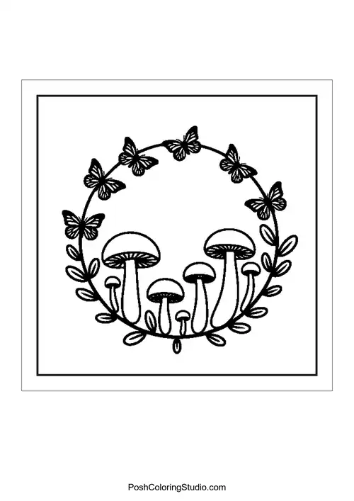 Mushrooms arranged in a circular pattern with butterflies.