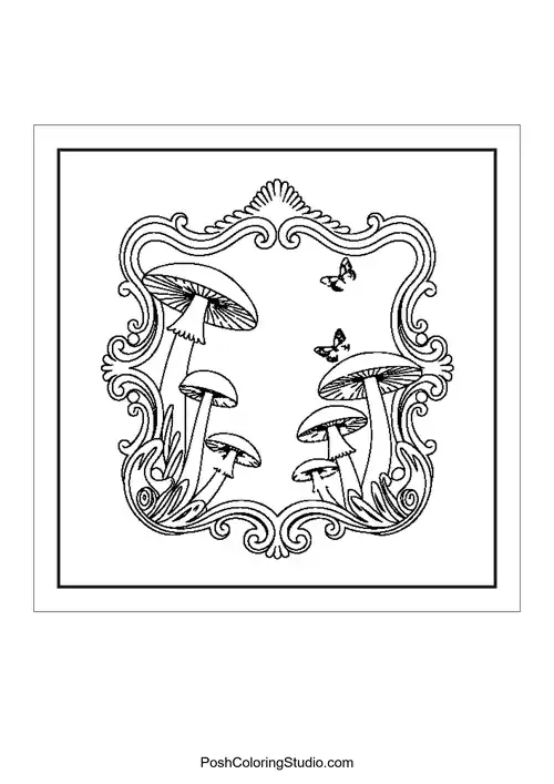 Mushrooms framed by ornate swirls and butterflies.