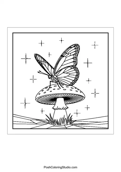 A butterfly on a mushroom with stars in the background.