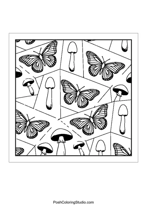 A pattern of butterflies and mushrooms in a geometric layout.