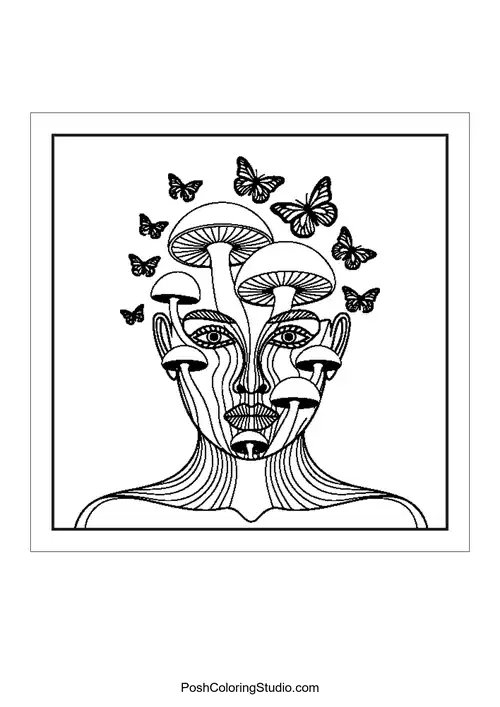 A face with mushrooms and butterflies integrated into the hair.