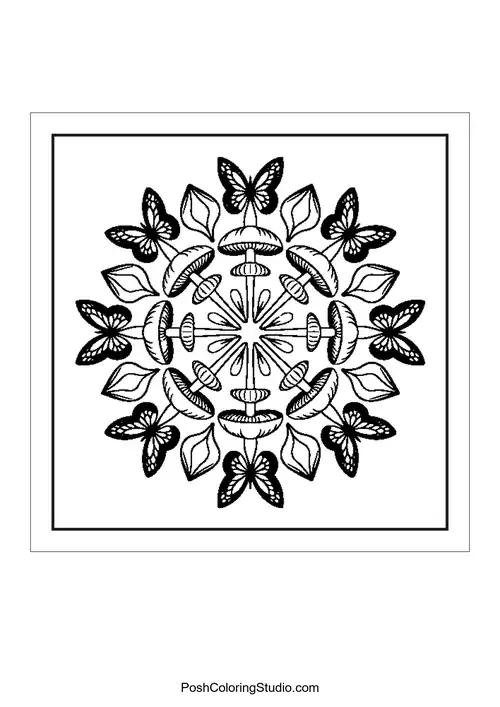 A mandala design featuring mushrooms and butterflies.