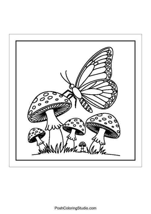 A butterfly perched on a mushroom among others.