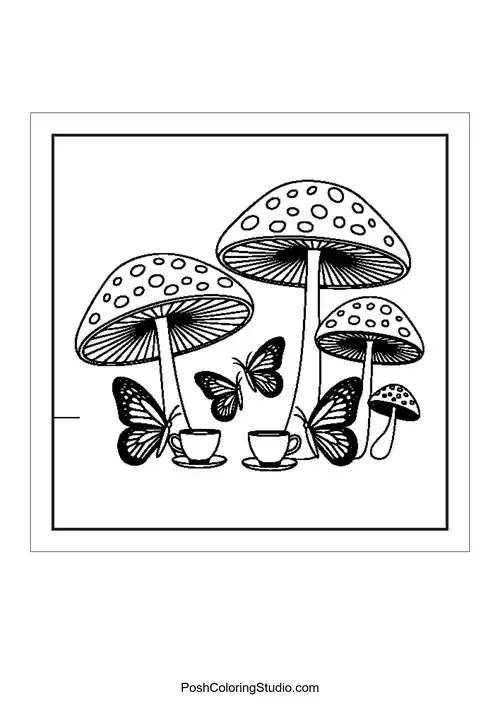 Mushrooms with butterflies and teacups in a whimsical scene.