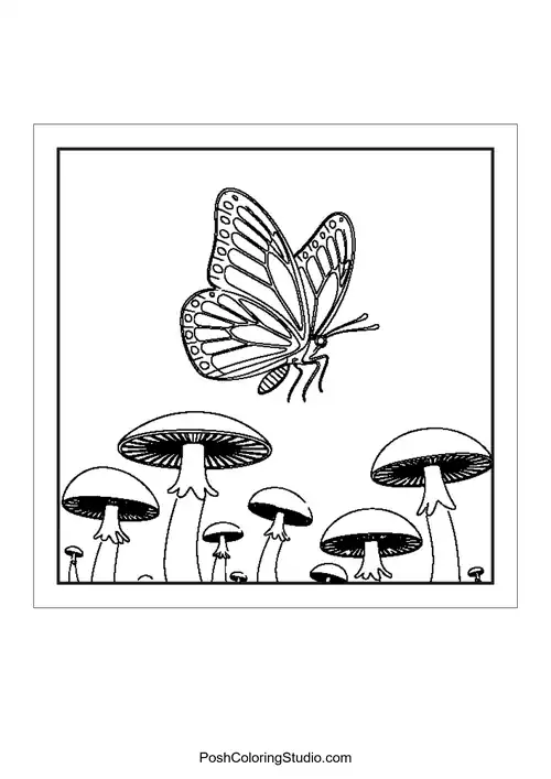 A butterfly flying above a field of mushrooms.