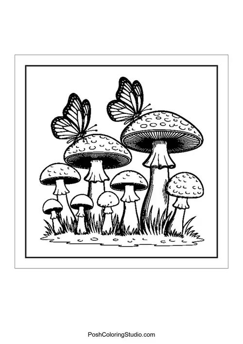 Mushrooms with butterflies resting on them.