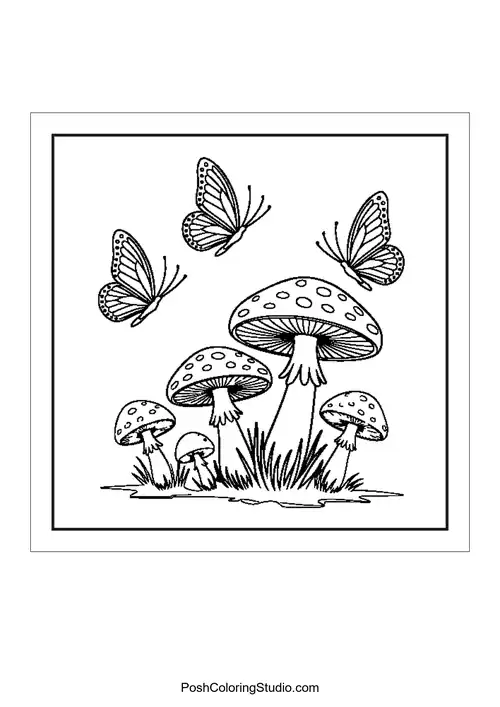 Butterflies flying around mushrooms in a lively scene.