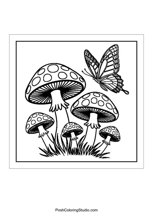 A butterfly hovering near mushrooms with dotted caps.