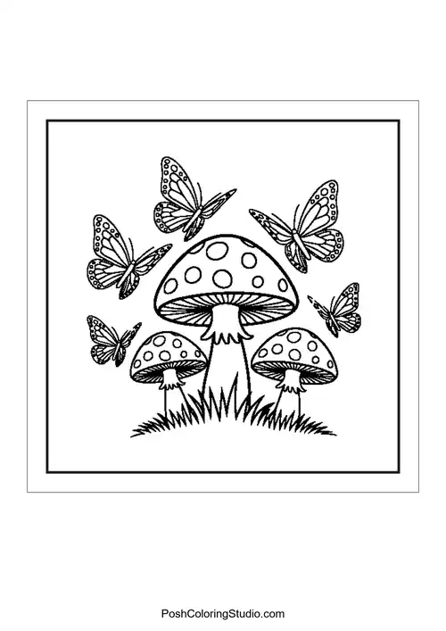 Mushrooms with butterflies flying above them in a playful design.
