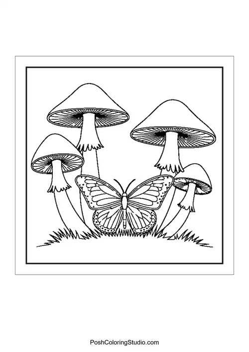Mushrooms with butterflies in a whimsical arrangement.