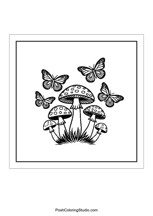 A butterfly and mushrooms in a charming layout.