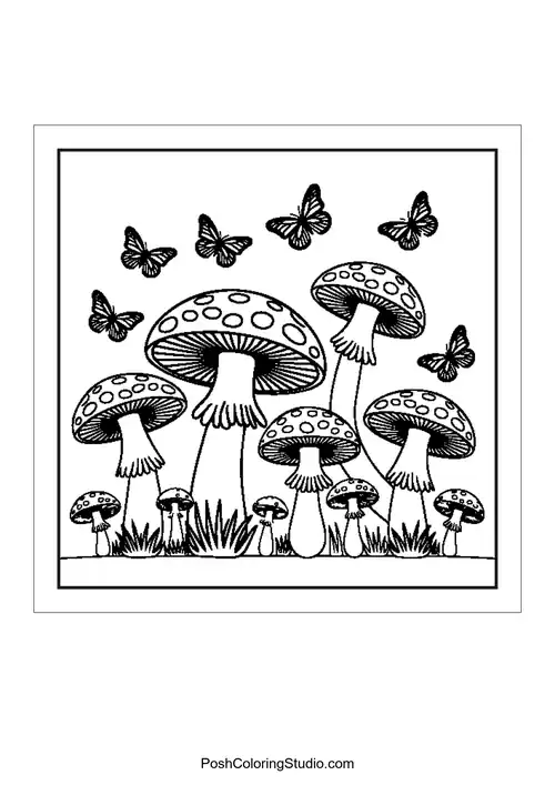 Mushrooms with butterflies in a dynamic composition.