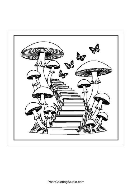 A staircase made of mushrooms with butterflies.