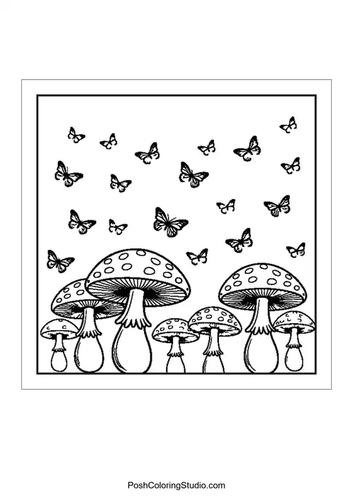 Mushrooms with butterflies in a playful arrangement.