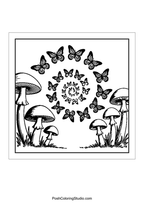 A butterfly above mushrooms with a spiral pattern.