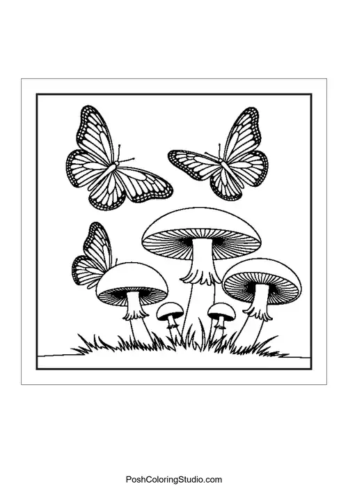 Butterflies and mushrooms in a circular design.