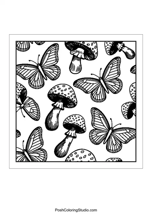 Butterflies and mushrooms in a repeating pattern.