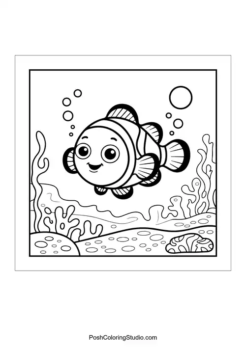 A clownfish swimming with bubbles and coral formations.