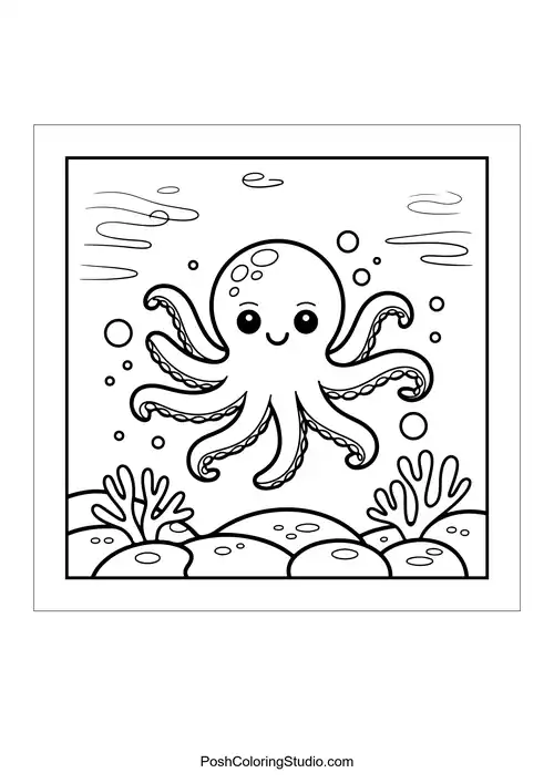 An octopus with smiling eyes and bubbles around it.