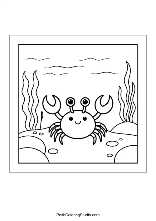 A turtle swimming with a happy expression and seaweed.