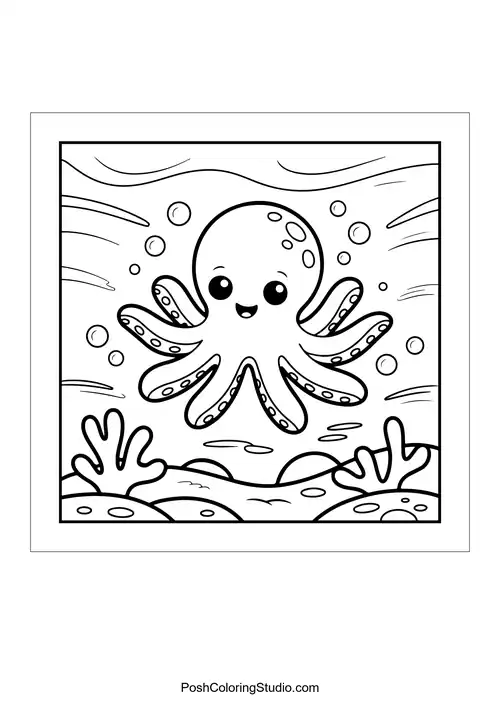 A smiling octopus with wavy tentacles and bubbles.