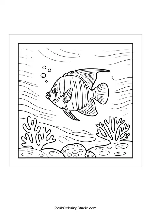 A fish swimming with bubbles and coral in the background.