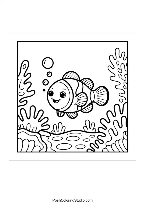 A joyful fish swims through coral with bubbles.