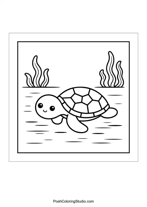A cute turtle glides through seaweed and water.