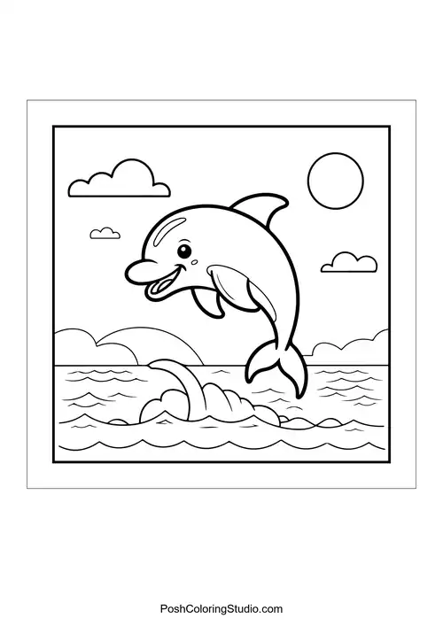 A playful dolphin leaps above waves and clouds.