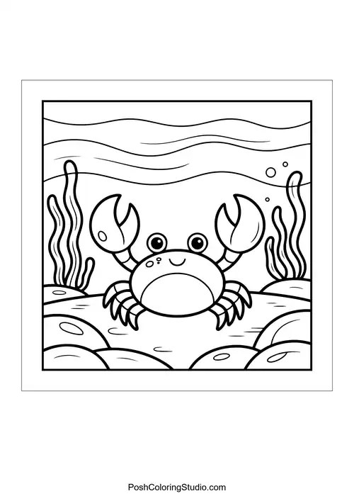 A crab with large claws sits among seaweed.