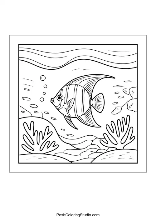 A striped fish swims through coral and bubbles.