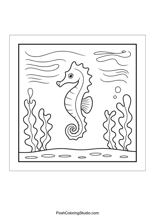 A seahorse floats gracefully among seaweed.
