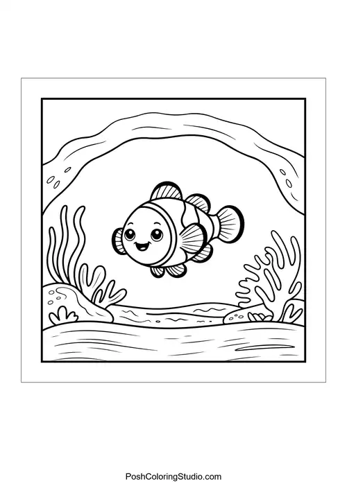 A happy fish swims through a coral archway.