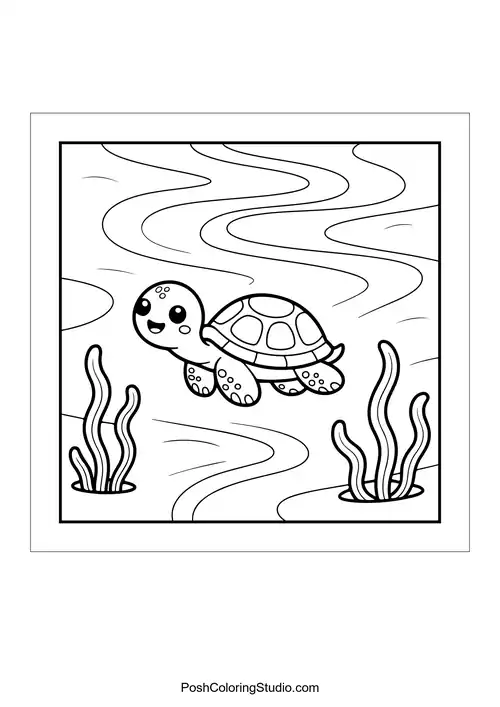 A turtle swims among seaweed and gentle waves.