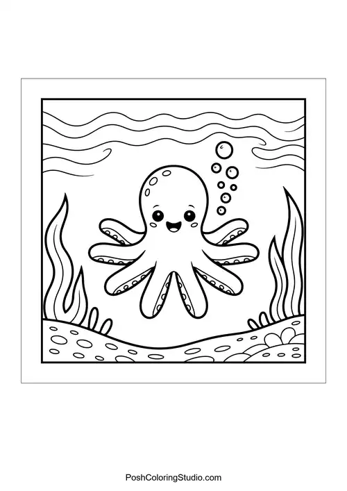 A smiling octopus surrounded by seaweed and bubbles.