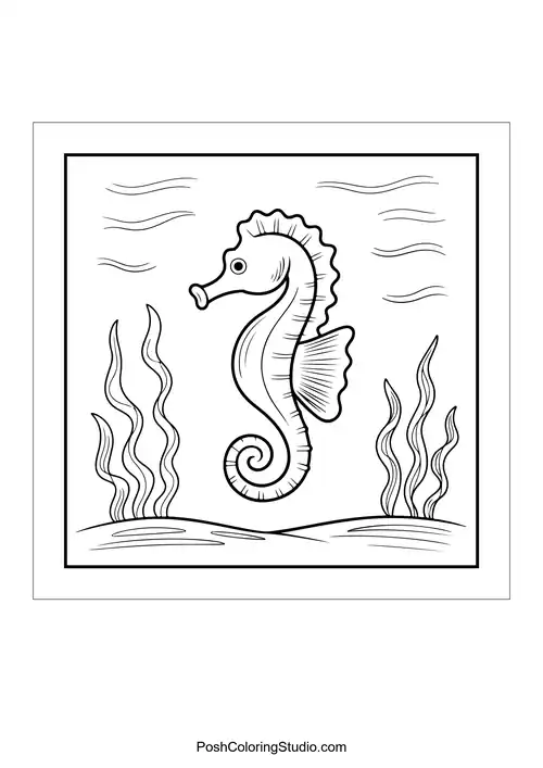 A seahorse with a curled tail and aquatic plants.