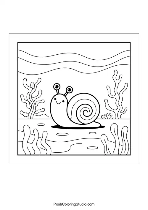 A snail rests on the ocean floor among seaweed.