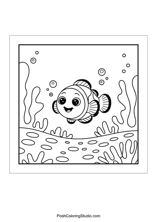 A cheerful fish swims through coral and bubbles.