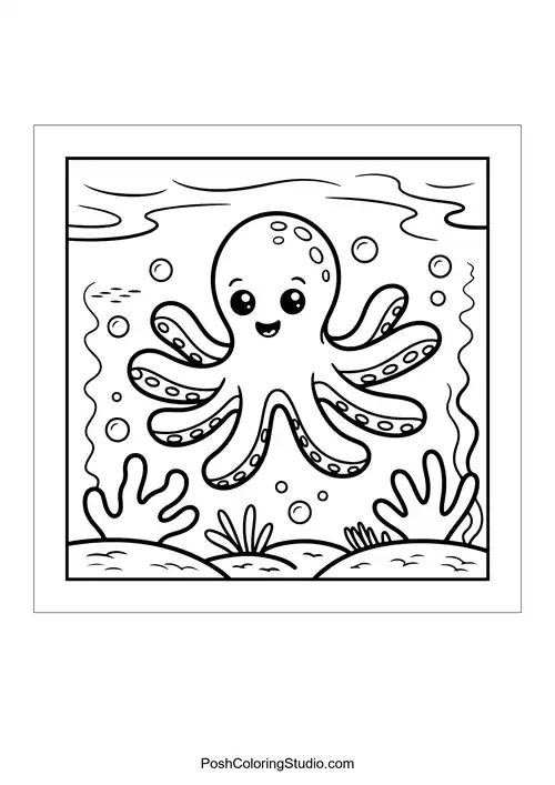 An octopus plays among seaweed and bubbles.