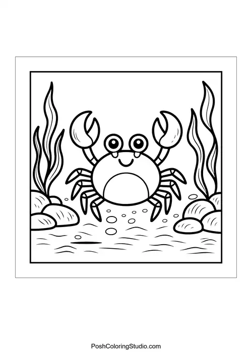A crab with large claws sits among seaweed.