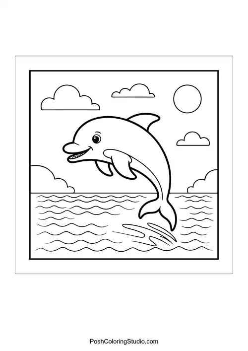 A dolphin leaps joyfully above ocean waves.