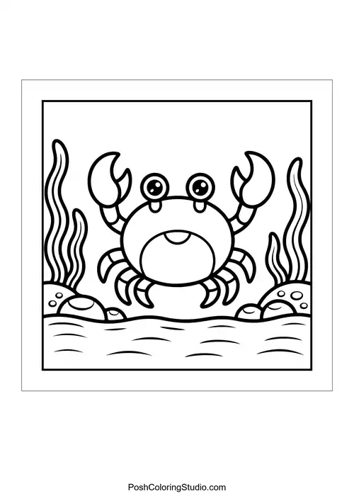 A crab with large claws sits among seaweed.