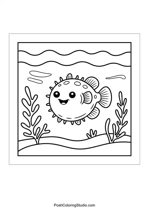 A pufferfish swims among seaweed and coral.