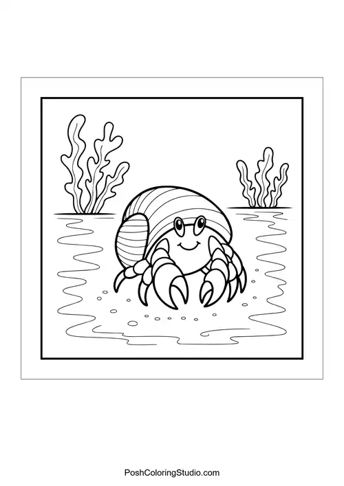 A hermit crab with a shell and seaweed around it.
