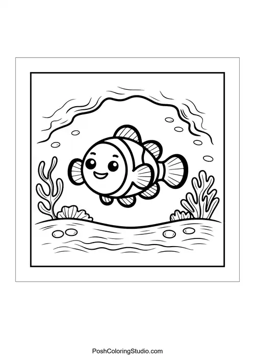 A clownfish swimming with bubbles and coral formations.