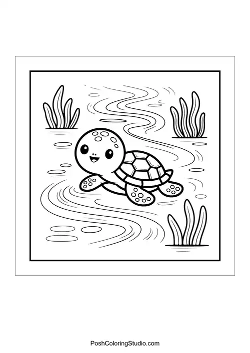 A turtle swimming with a happy expression and seaweed.