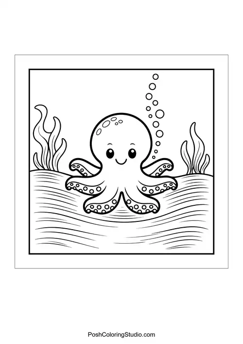 An octopus with smiling eyes and bubbles around it.